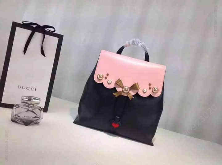 Gucci古驰 2016 秋冬季新款蝴蝶结玻璃珍珠背包 432283黑配樱花粉