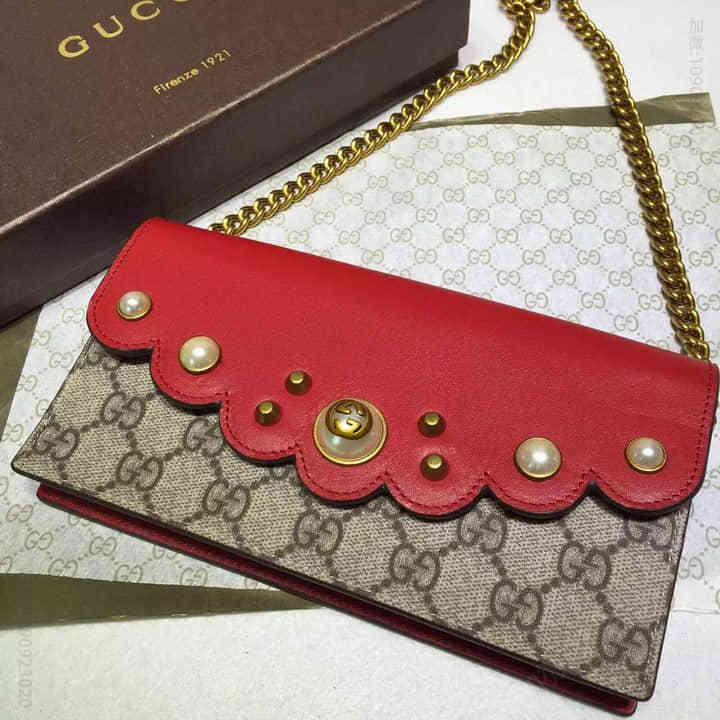 Gucci古驰 原单/ 2016新款女士迷你链条单肩包431478大红珍珠