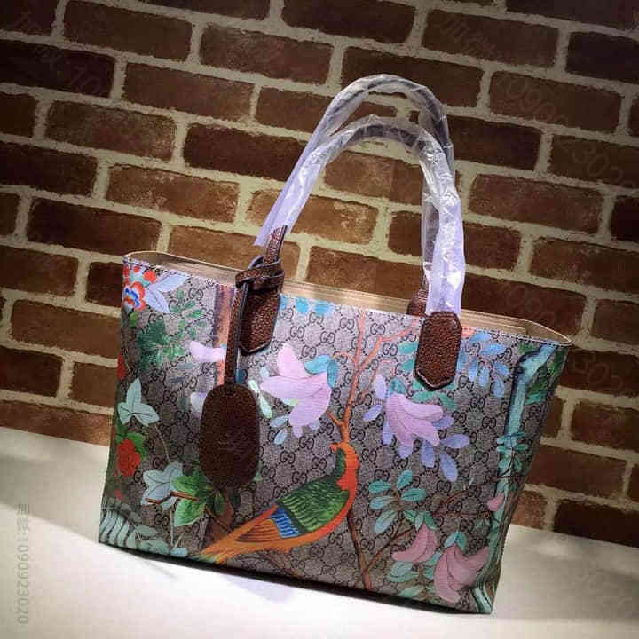 Gucci古驰 16春夏新款专柜品质，原版皮质购物包 412096花鸟咖啡