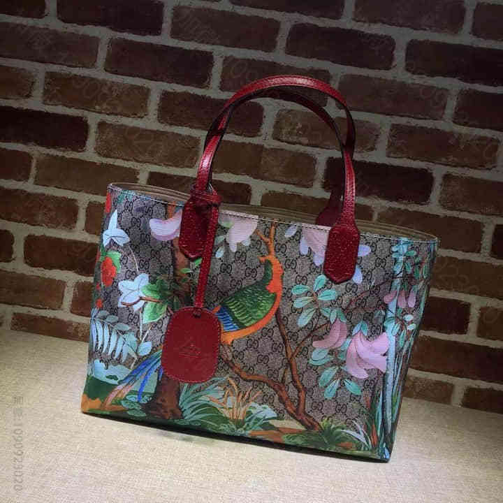 Gucci古驰 官网16春夏新款专柜品质，原版皮质购物包 412096花鸟红...