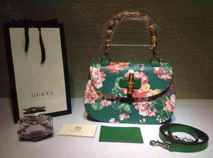 Gucci古驰 原单 Bamboo 经典花朵印花PVC手提包 409398墨...