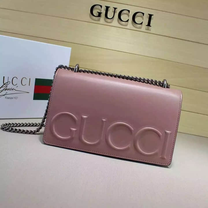 Gucci古驰 官网新款大logo单肩铁链条手提浮雕女包410248裸粉