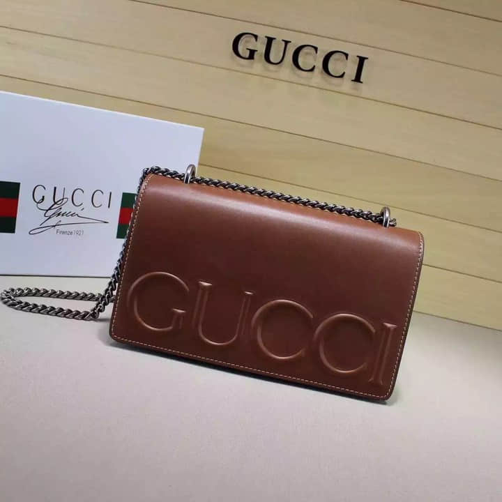 Gucci古驰 代购16早春新款大单肩铁链条浮雕女包410248棕色