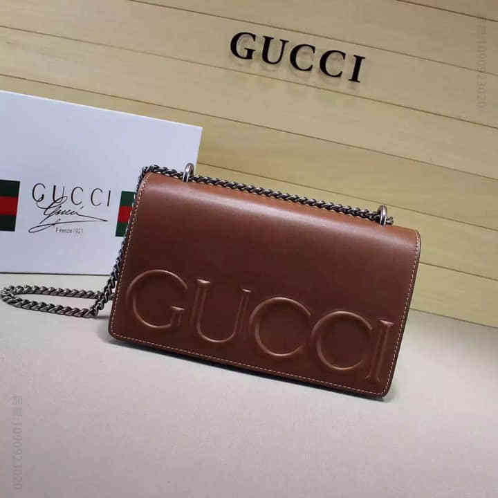 Gucci古驰 代购16早春新款大单肩铁链条浮雕女包410248棕色