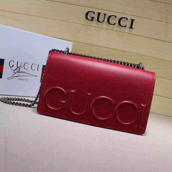 Gucci古驰 海外原单16早春新款大单肩铁链条浮雕女包410248大红