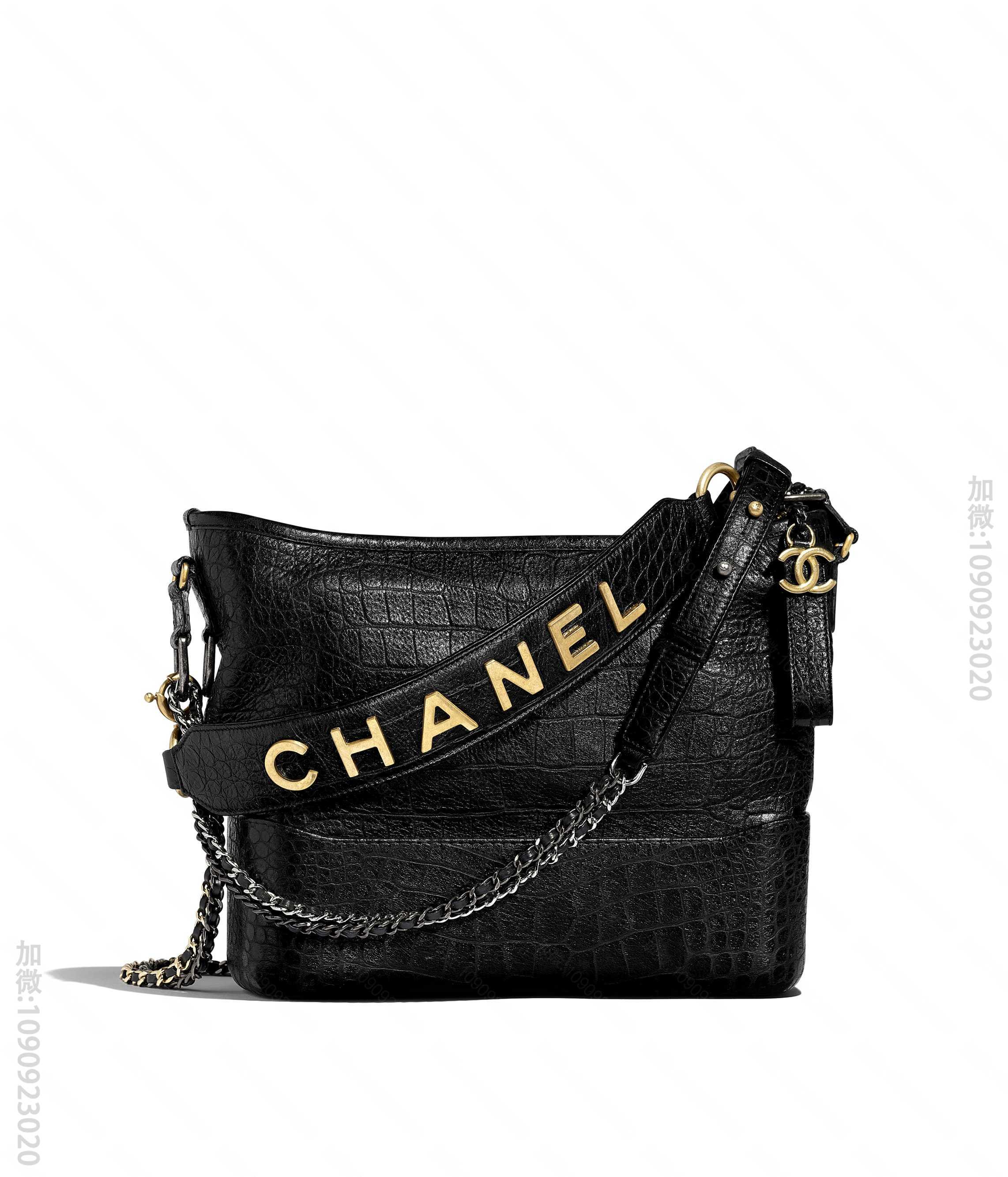 Chanel/香奈儿GABRIELLE黑色鳄鱼纹大号流浪包 28CM