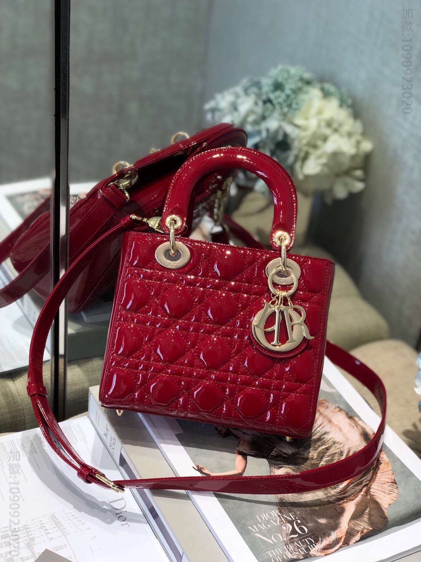Dior/迪奥 lady classic 系列 漆皮4格戴妃包 樱桃红
