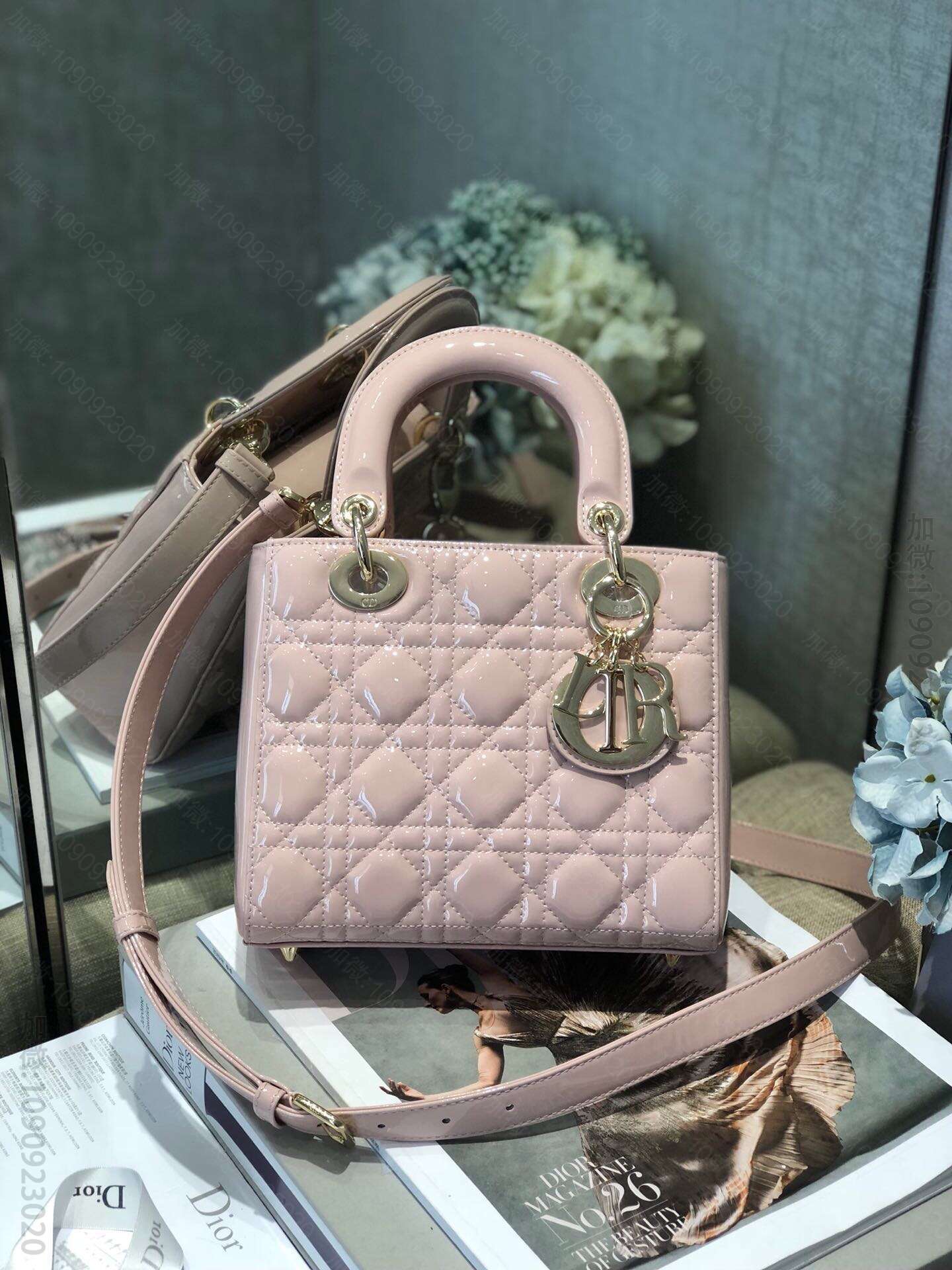 D73798_迪奥手提包 Dior/迪奥 lady classic 系列 漆皮4格戴妃包 粉色 迪奥女包