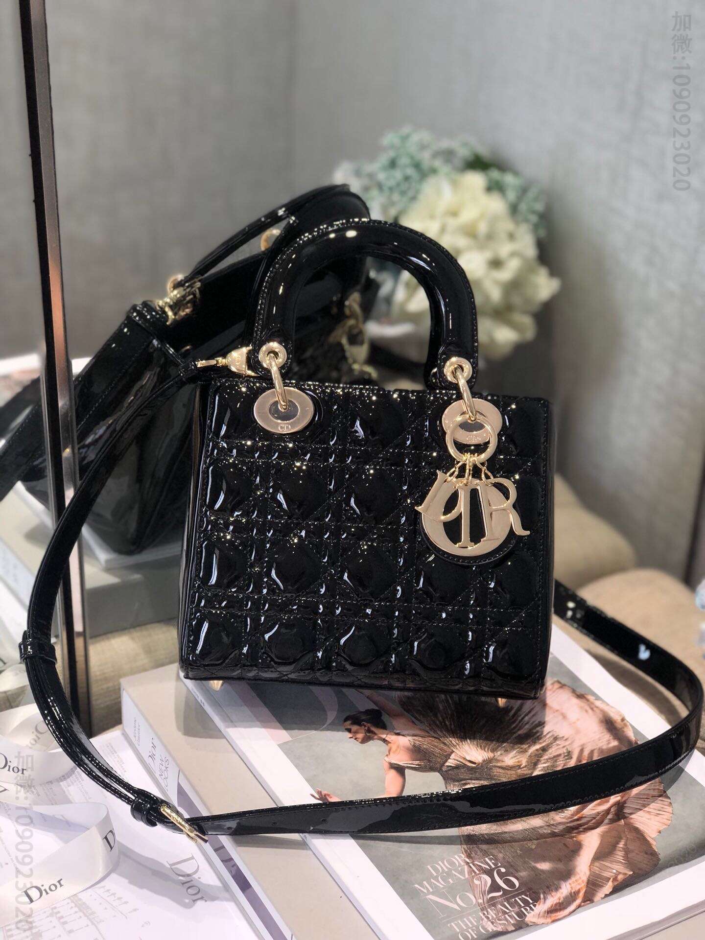 迪奥手提包 Dior/迪奥 lady classic 系列 漆皮4格戴妃包 黑色 迪奥女包 