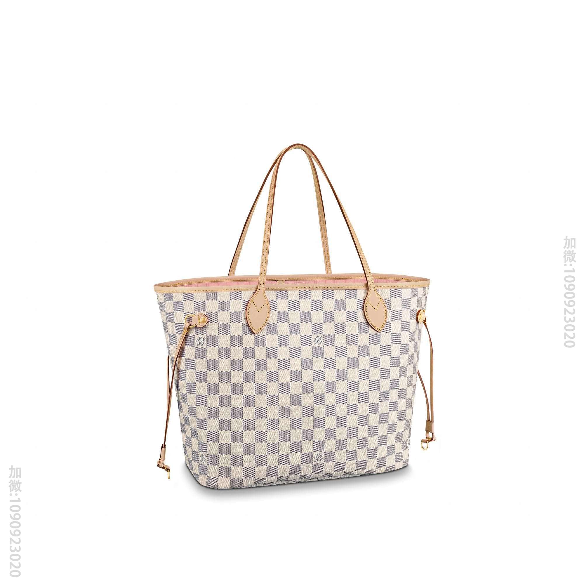 LV NEVERFULL 中号手袋棋盘白格购物袋 N41605 粉色内里