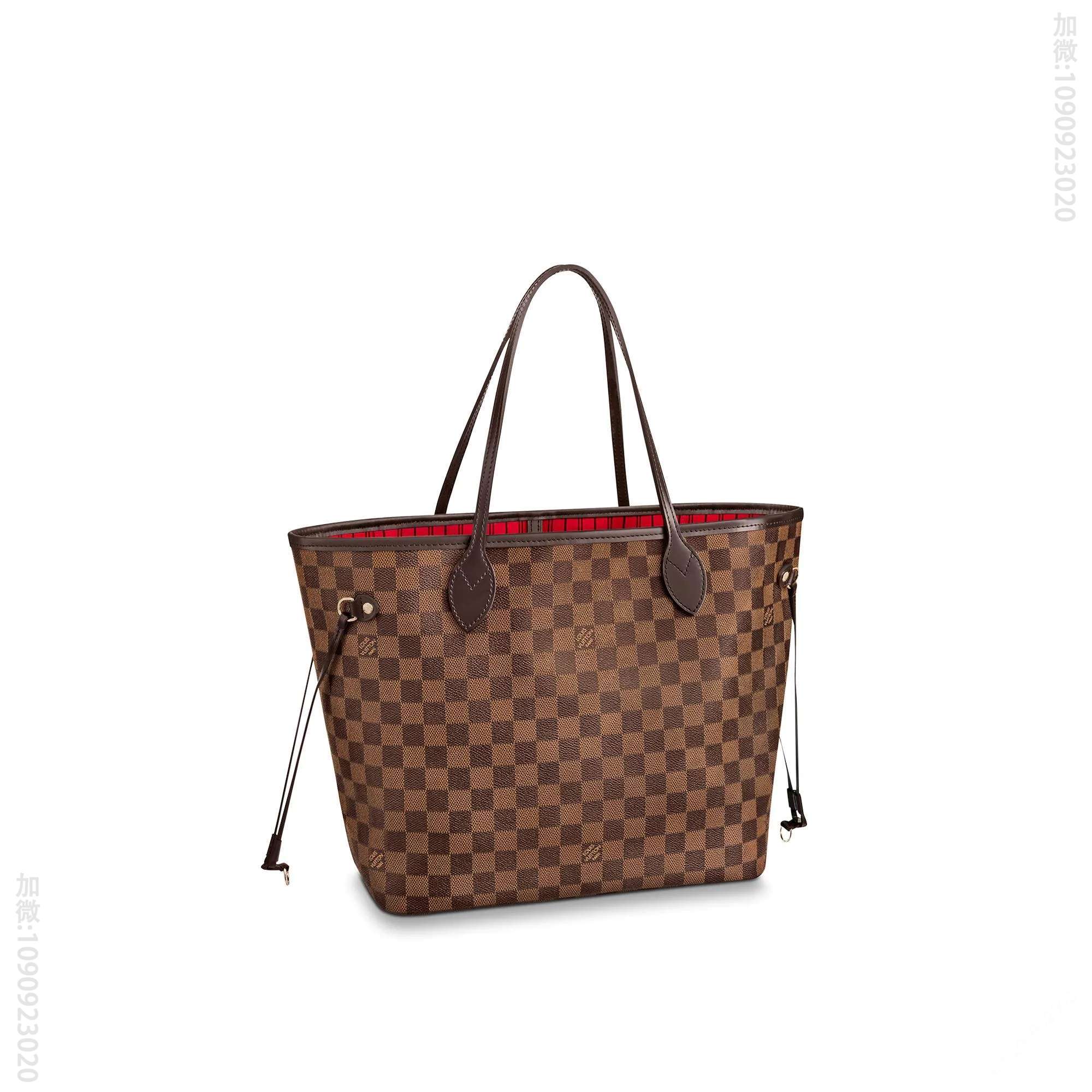 LV NEVERFULL 中号手袋咖啡格购物袋 N41358 红色内里