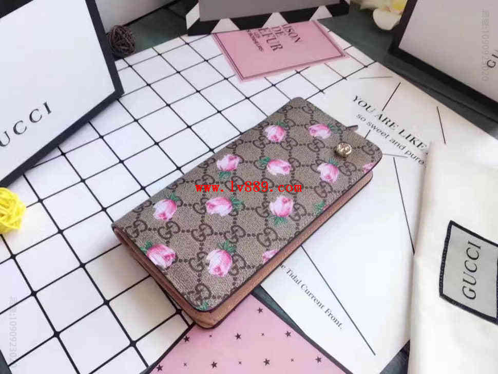 Gucci古驰 海外正品原单 404071 印花图案PVC配牛皮 女士长款拉链按扣钱夾