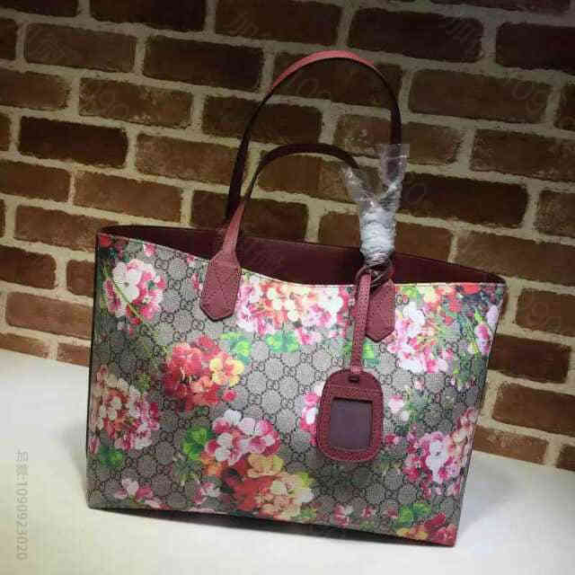 Gucci古驰 原单真皮牛皮中号花卉印花购物袋 368568枣红