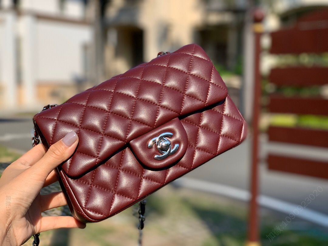Chanel/香奈儿 Cf大mini20水洗小羊皮 枣红