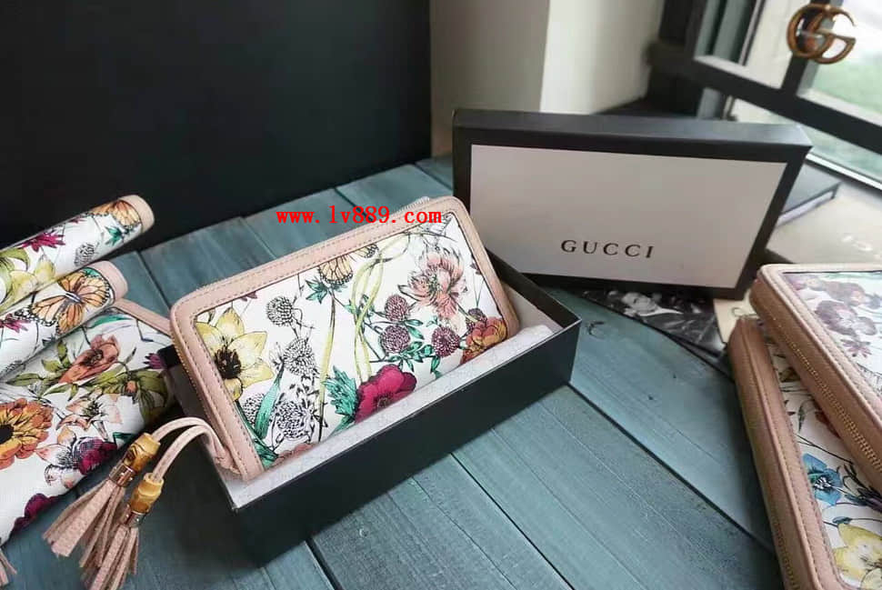 Gucci古驰 香港专柜同款 356708 印花真皮 酒神系列女士长款拉链钱包