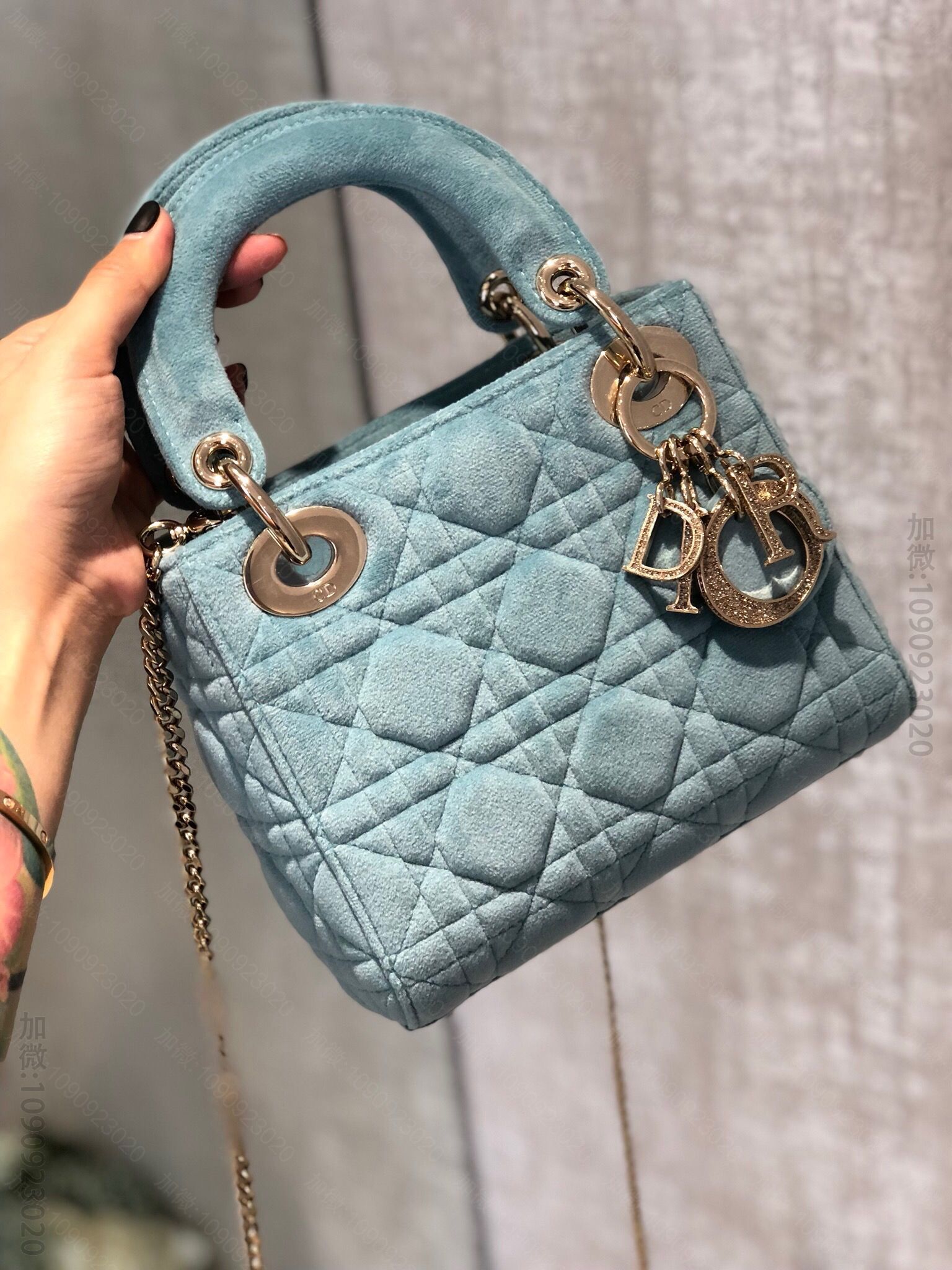 Dior/迪奥 Mini Lady 3D水晶扣天鹅绒3格戴妃包 湖水绿