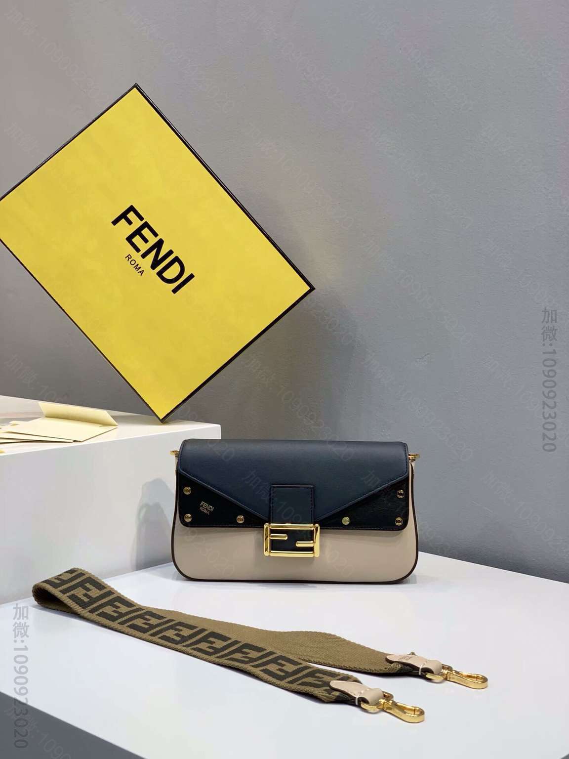 FENDI芬迪多色牛皮拼接翻盖斜挎单肩包600