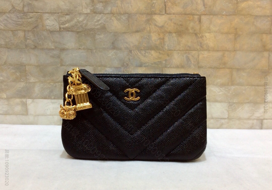 Chanel/香奈儿 Chanel猫头鹰系列 进口黑色小球纹牛皮V纹钱包 A...