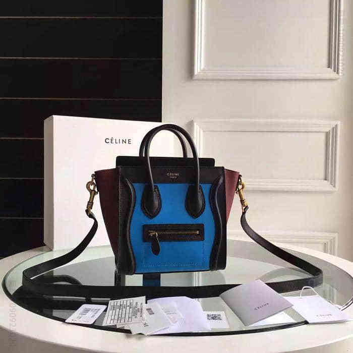 Celine日本官网Luggage Nano手提跨包 168243黑色配浅蓝配暗红