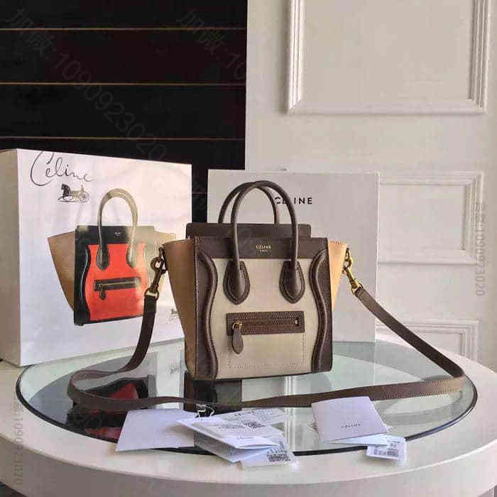 Celine原单Luggage Nano笑脸包 168243棕色配白色配浅杏