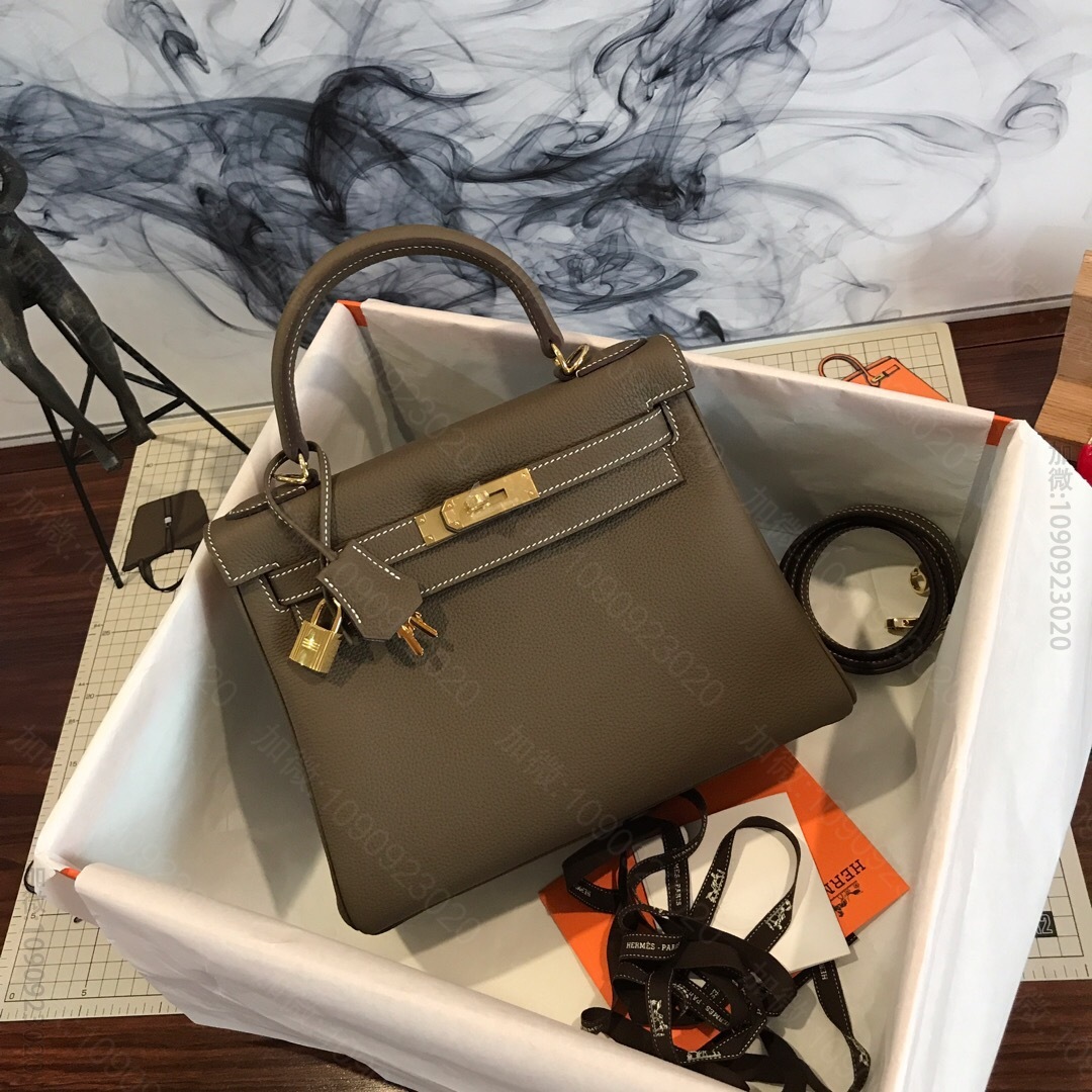 Hermes/爱马仕 kelly 28cm半手工蜡线凯莉包 大象灰