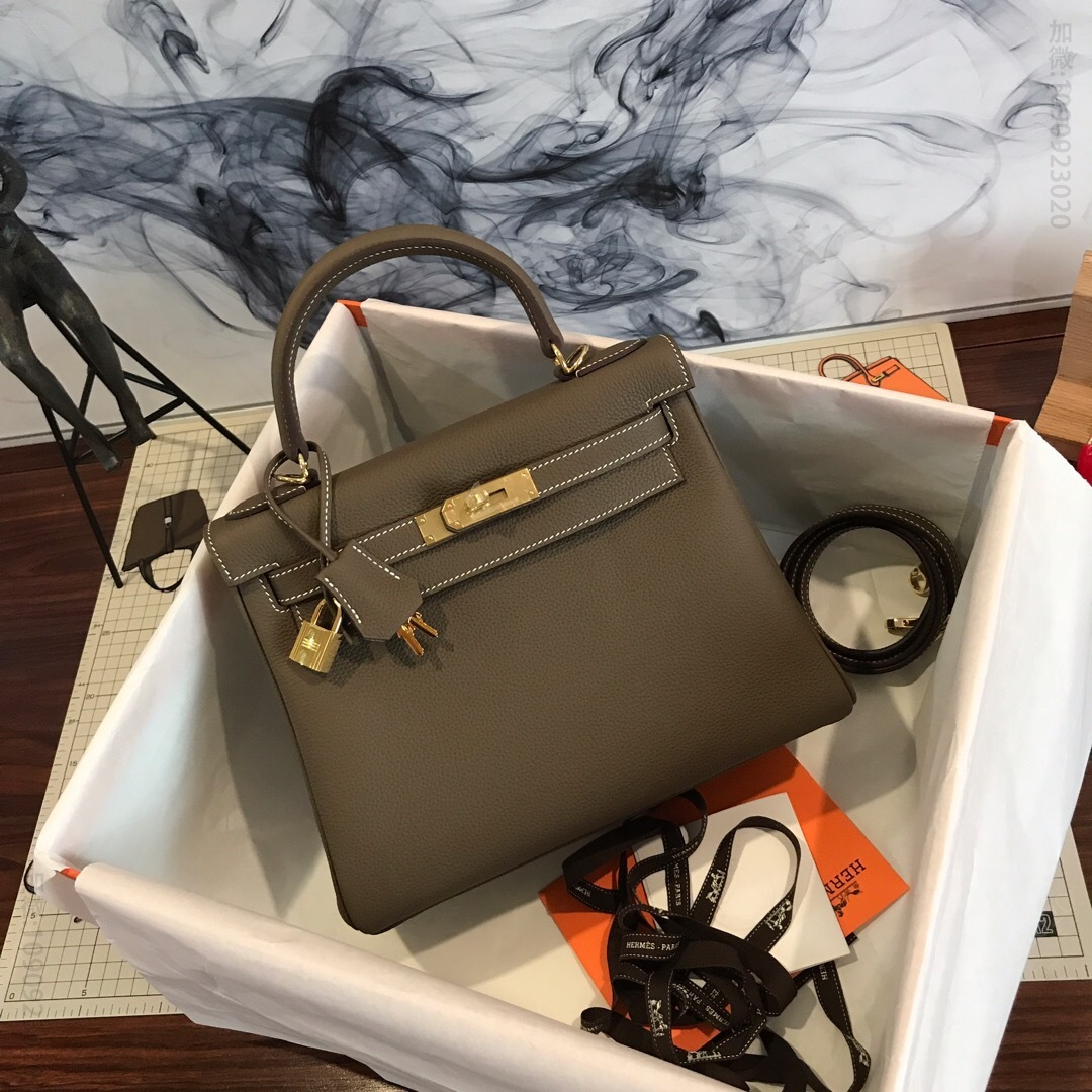 Hermes/爱马仕 kelly 28cm半手工蜡线凯莉包 大象灰