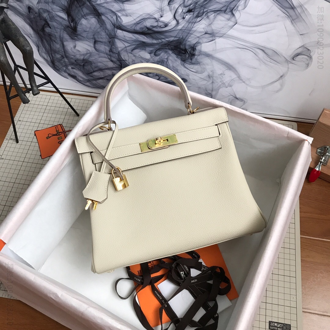 Hermes/爱马仕 kelly 28cm半手工蜡线凯莉包 奶昔白