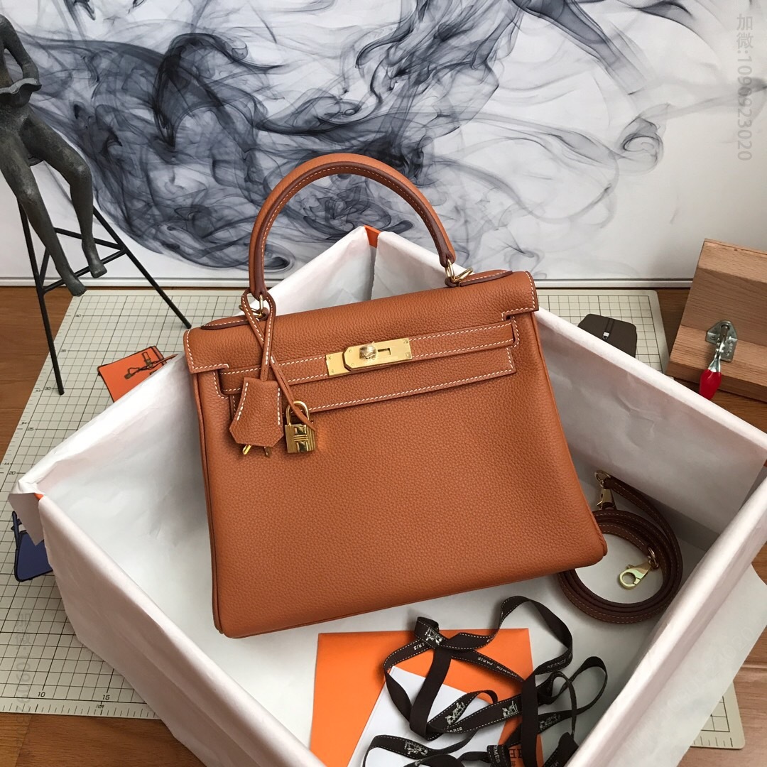 Hermes/爱马仕 kelly 28cm半手工蜡线凯莉包 金棕色