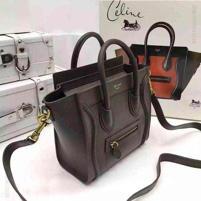 赛琳官网原版皮Luggage Nano手提斜背包 168243深啡色