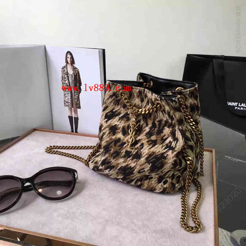 正品代购 最新款经典 圣罗兰YSL EMMANUELLE豹纹链条水桶包