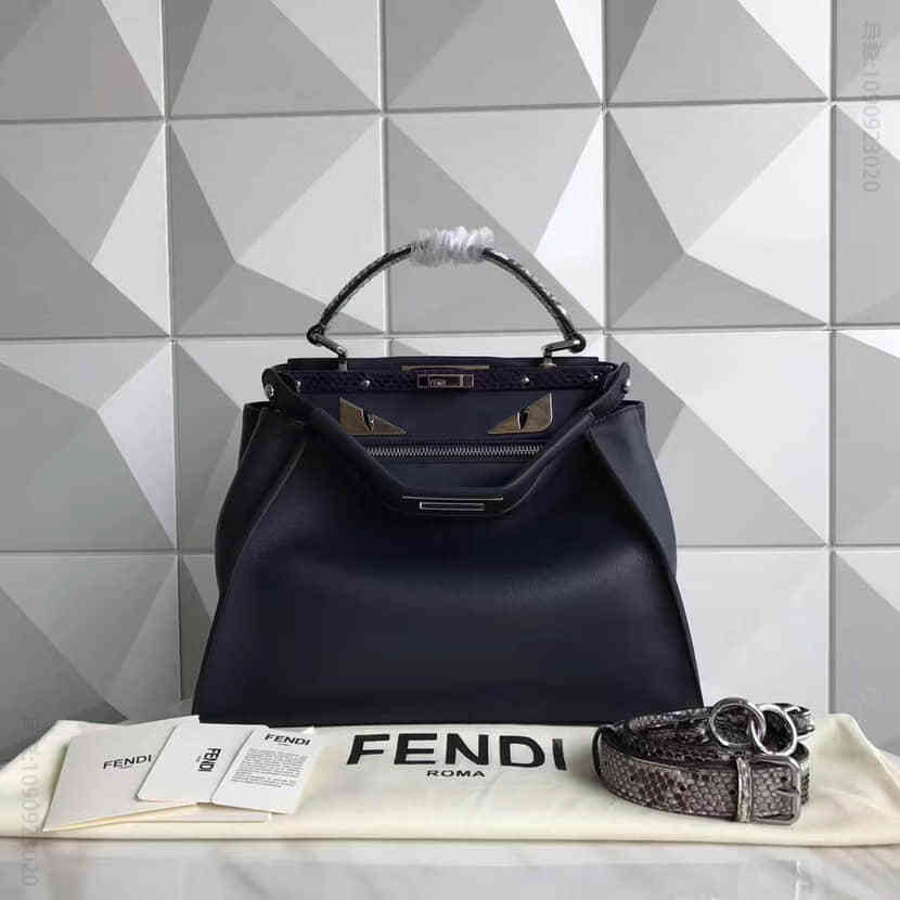 芬迪FENDI 3108M 岩石色蟒蛇皮 午夜蓝色皮革PEEKABOO手提包