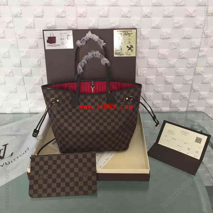 LV N41358 路易威登Neverfull 中号手袋 Damier Ebene咖啡格字母购物袋