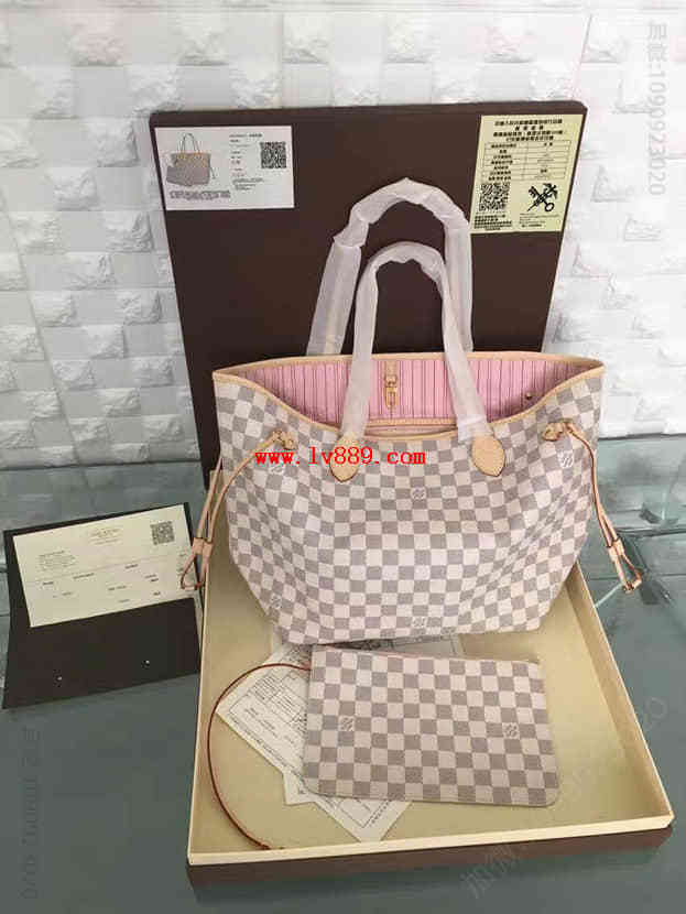 LV N41605 路易威登Neverfull 中号手袋 Damier Azur白格字母购物袋