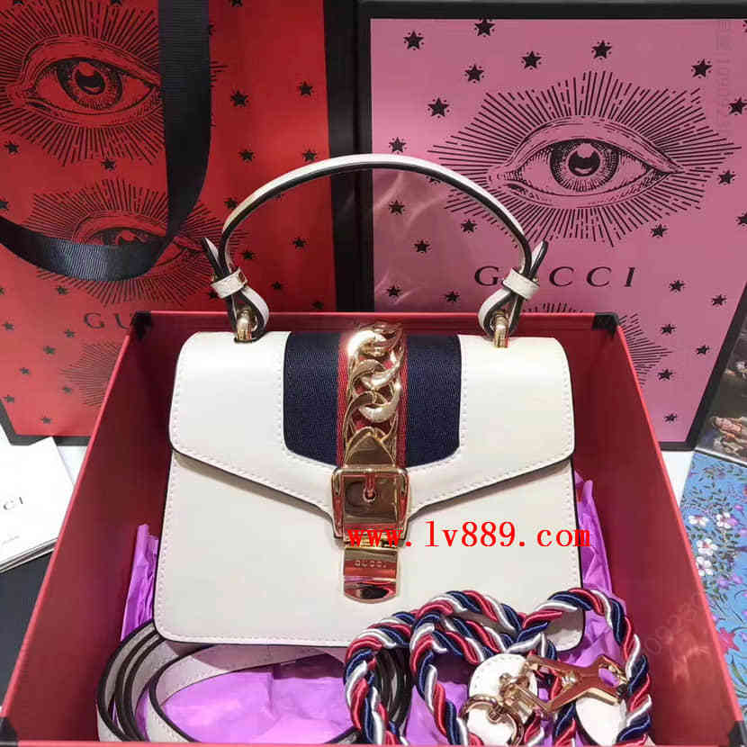 Gucci古驰 原单 470270 Sylvie尼龙拼色织带 真皮迷你手袋 手提包
