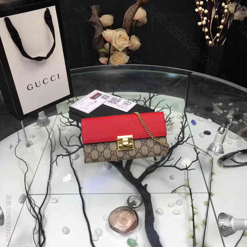 Gucci古驰 453506 帆布配牛皮 Padlock长款皮夹 链条包
