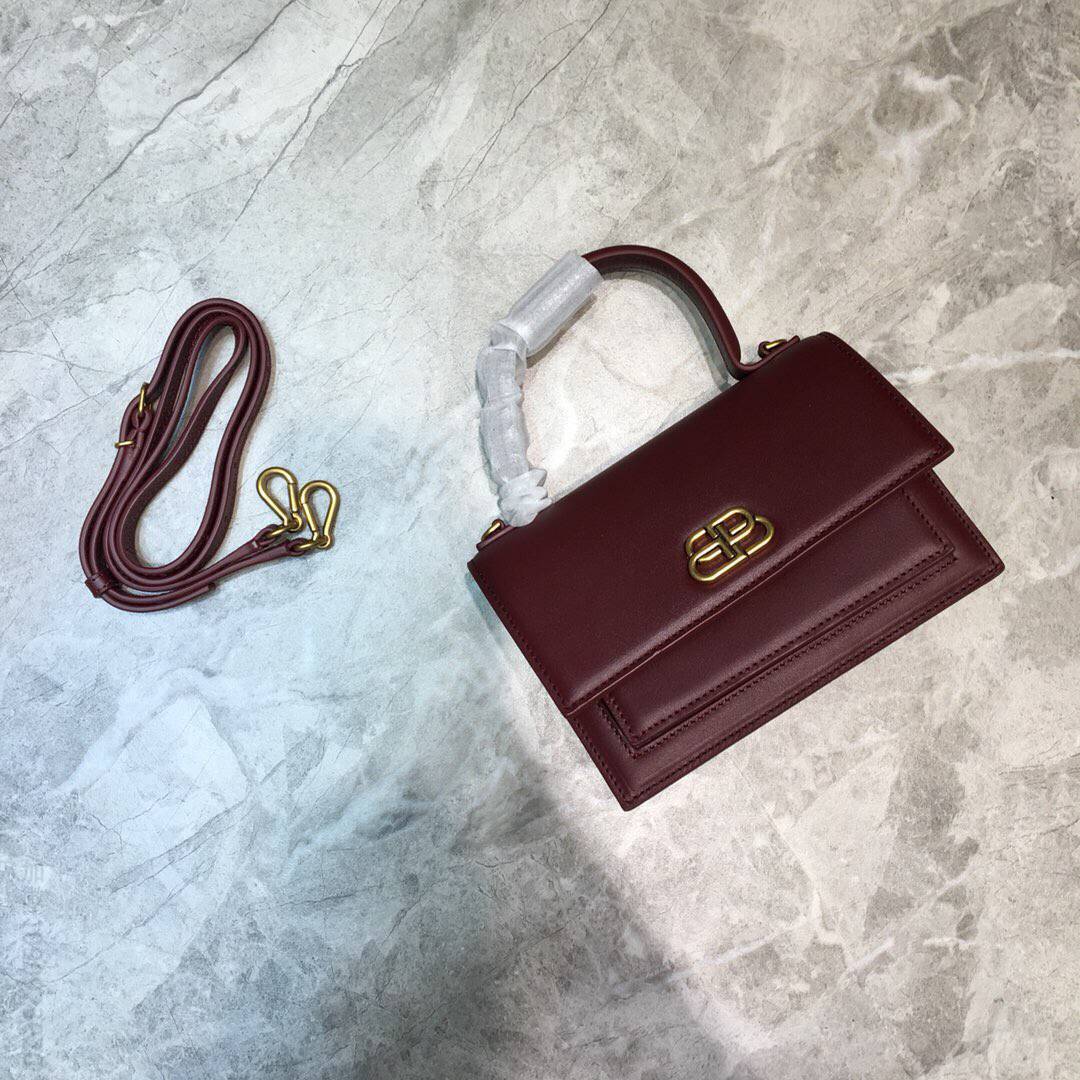 Balenciaga巴黎世家新款枣红色配金色Sharp XS单肩斜跨包 163471