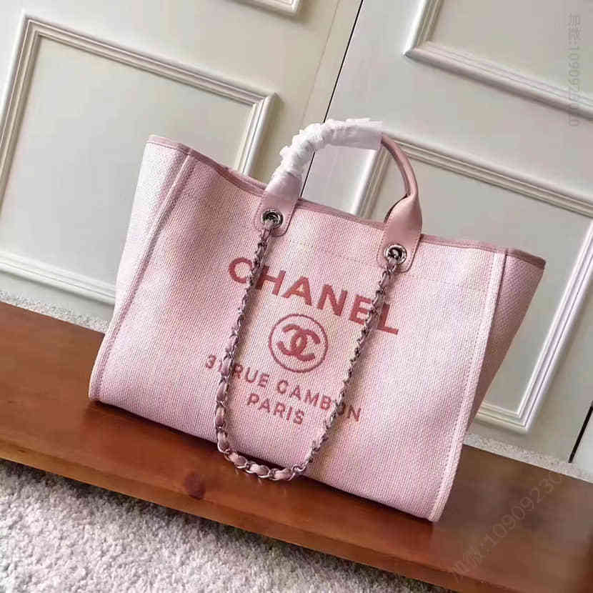 2017最新香奈儿CHANEL 帆布logo购物 火热沙滩包 粉色