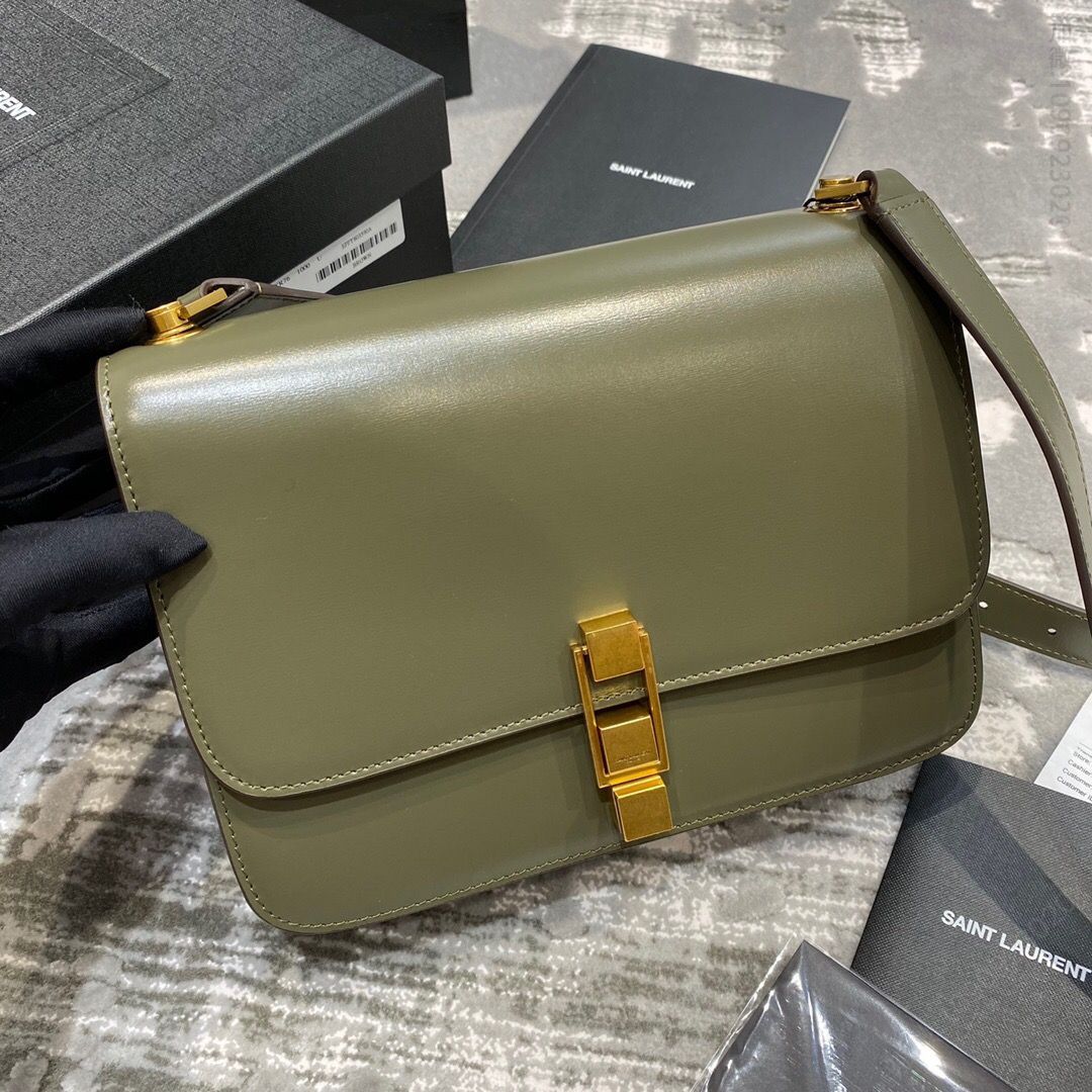 YSL/圣罗兰 CARRE光滑皮革翻盖单肩斜挎包 585060卡其绿