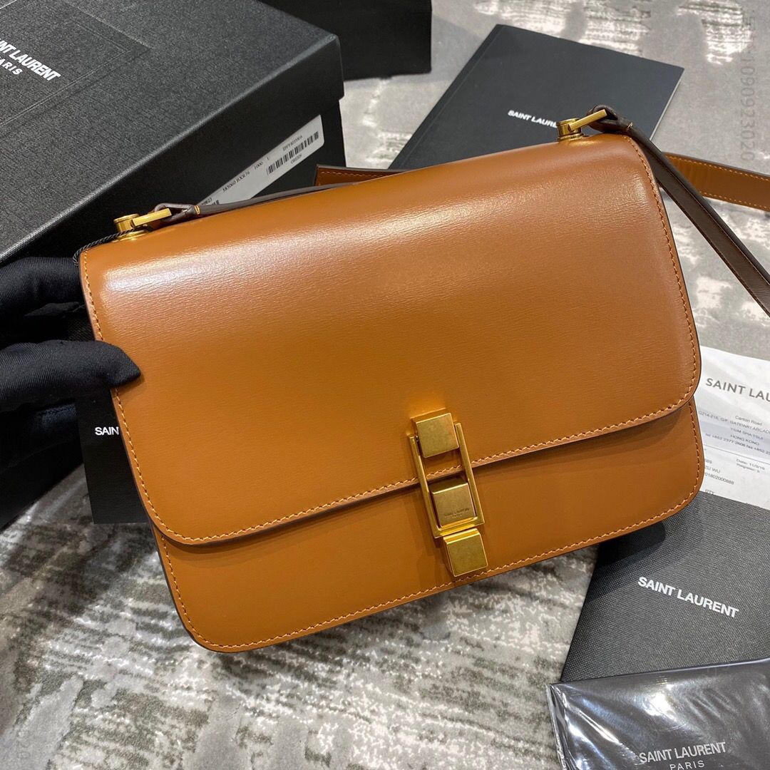 YSL/圣罗兰 CARRE光滑皮革翻盖单肩斜挎包 585060焦糖色