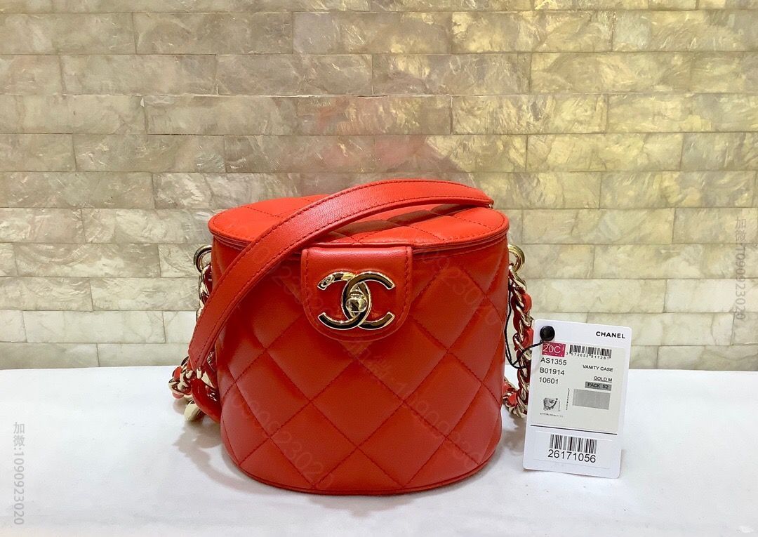 Chanel/香奈儿 2023新款小羊皮菱格圆桶化妆包 AS1355