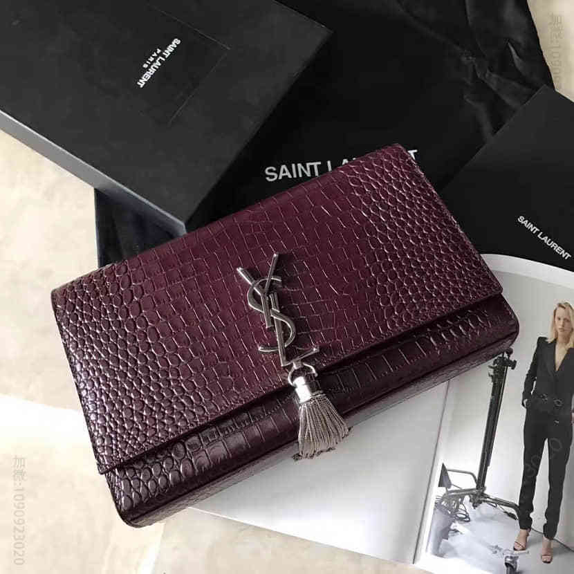 圣罗兰YSL Saint Laurent经典中号鳄鱼纹牛皮链条流苏挎包 354119暗红色