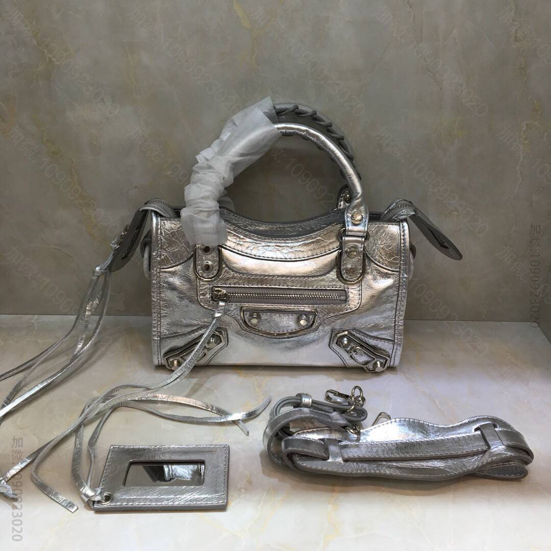 Balenciaga巴黎世家银边五金Mini爆裂羊皮机车包084228