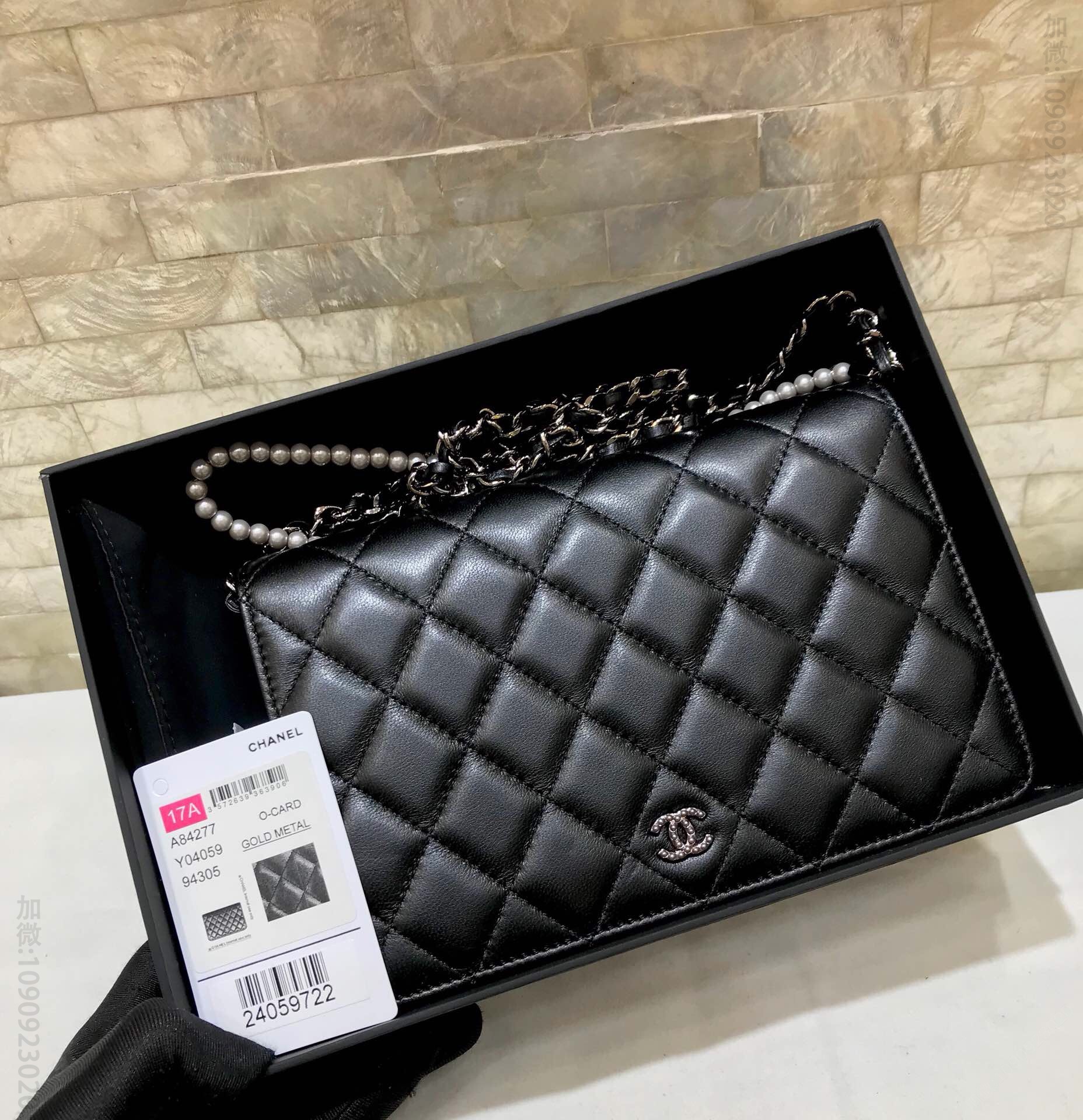 Chanel/香奈儿 迷你菱格woc 全盖珍珠双C枪色 链条包 斜挎包 A84277