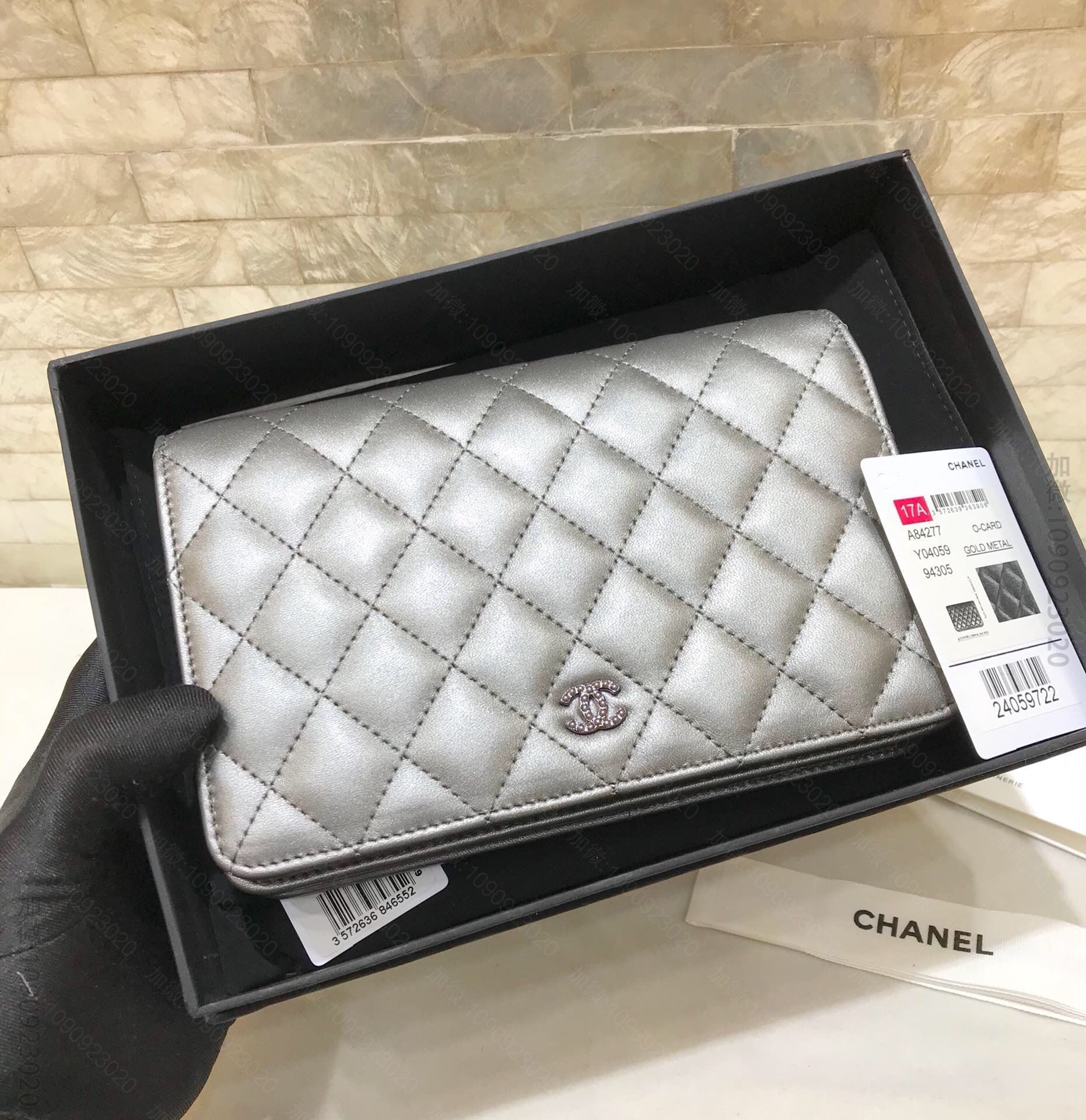 Chanel/香奈儿 迷你号菱格woc全盖珍珠双C枪色链条包斜挎包 A842...