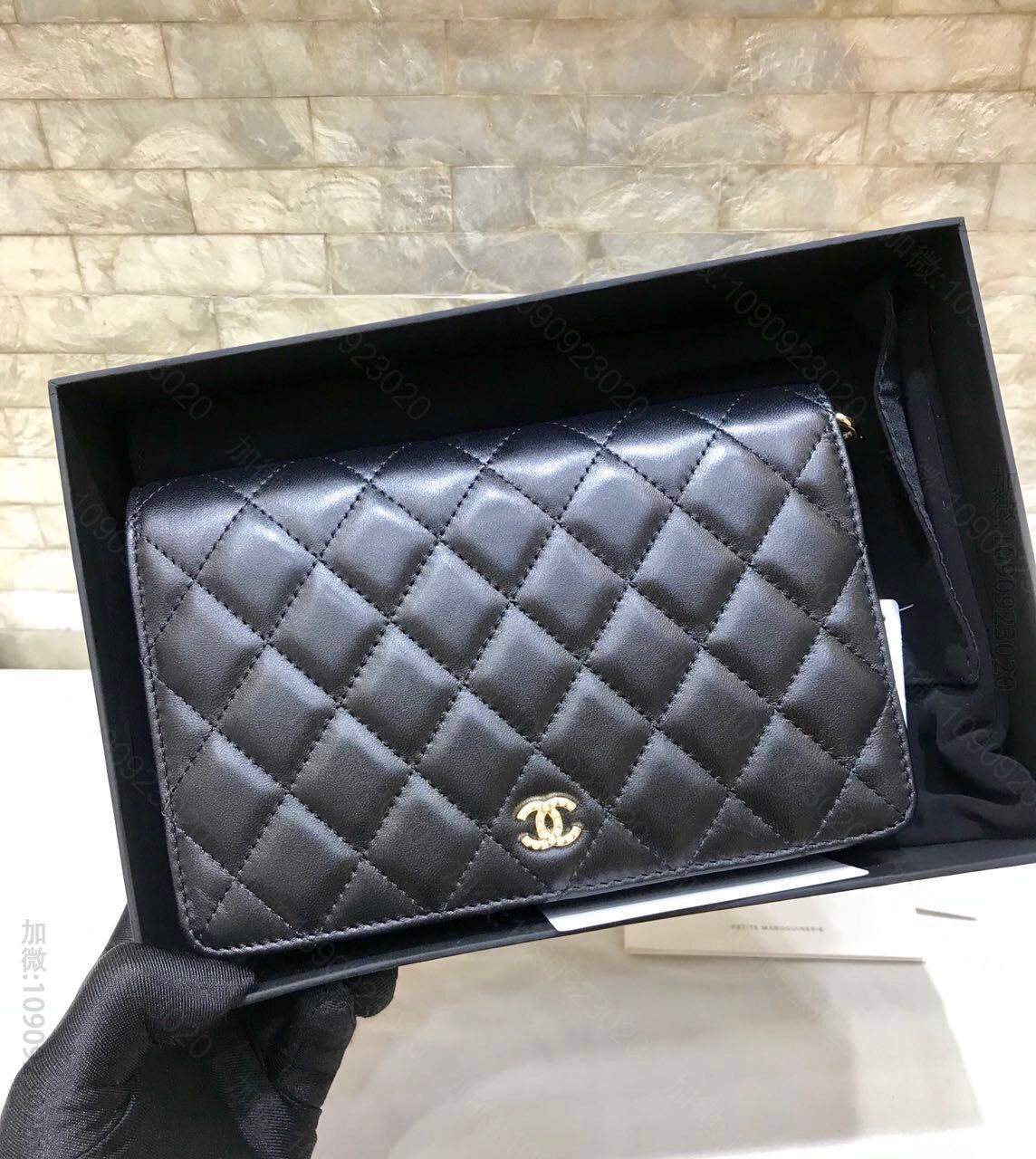 Chanel/香奈儿 迷你号菱格woc全盖珍珠双C枪色链条包斜挎包 A842...