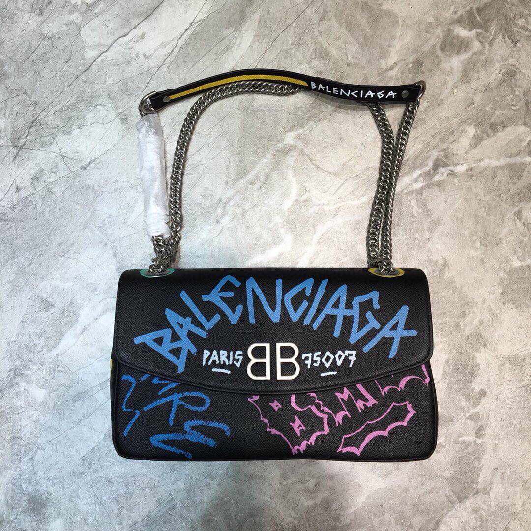 Balenciaga巴黎世家原厂进口牛皮时尚街头涂鸦风格链条包180103