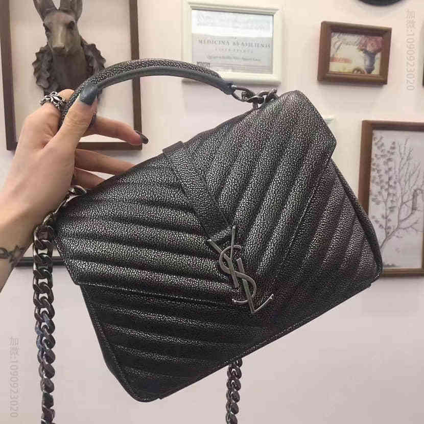 SAINT LAURENT COLLÈGE炮铜色粒纹纹理拼接金属色真皮包428056