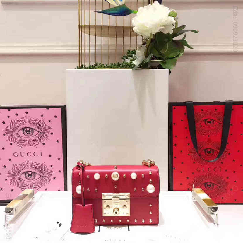 Gucci古驰 Padlock 珍珠饰钉系列链条包 432182红色
