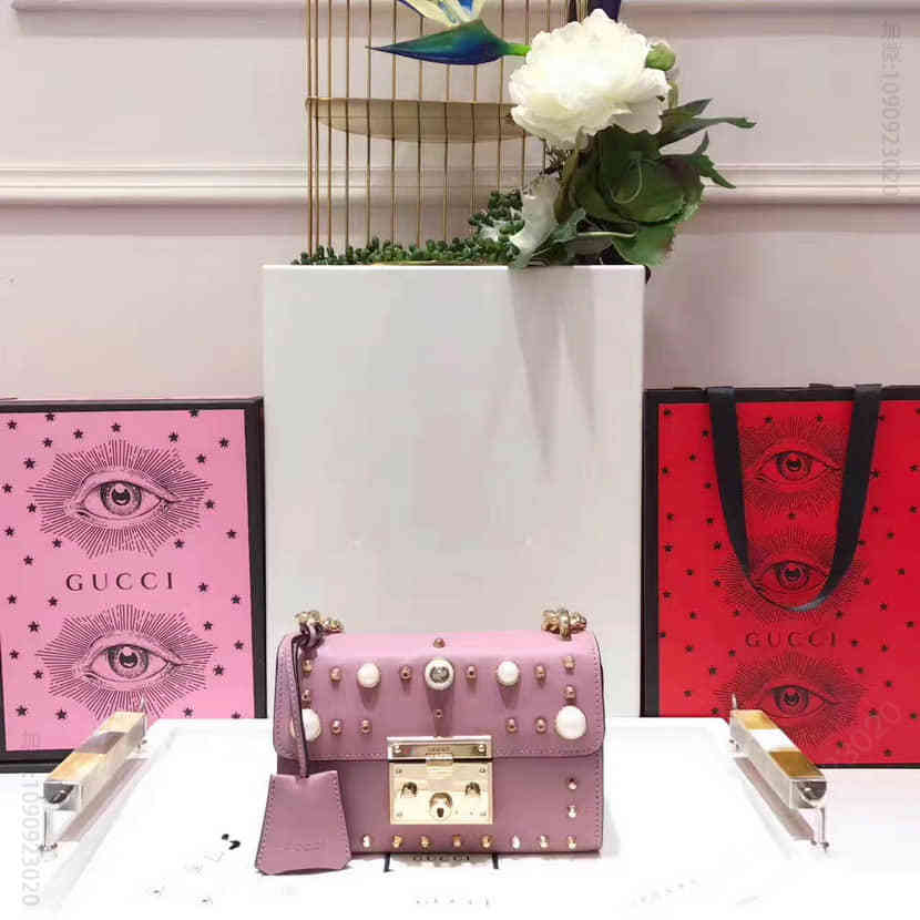 Gucci古驰 Padlock 珍珠饰钉系列链条包 432182粉色