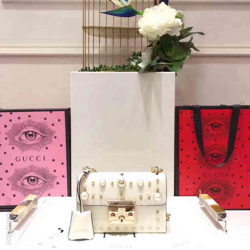 Gucci古驰 Padlock 珍珠饰钉系列链条包 432182白色